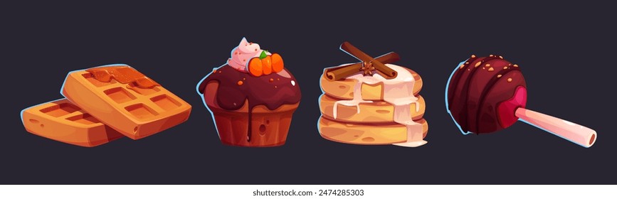 Sweet pastries and candies for cozy autumn design. Cartoon vector waffles with caramel or jam, muffin with chocolate icing and pumpkin decoration, pancakes with syrup and cinnamon, lollipop on stick.