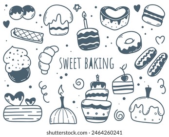 Sweet pastries hand drawn doodle set