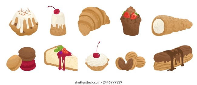 Sweet pastries for the holiday table. Baked goods with the addition of chocolate, berries and syrup. Candy store. Vector illustration isolated on transparent background.