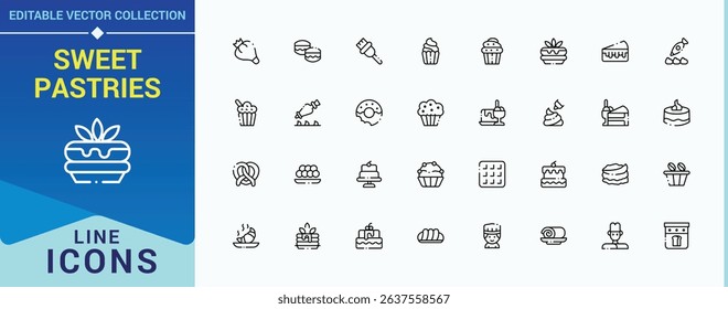 Sweet Pastries icon set. Containing bakery, baker, dessert, bake and more. Pastry linear icon set. Icons for UI designs. Editable stroke. Vector illustration.