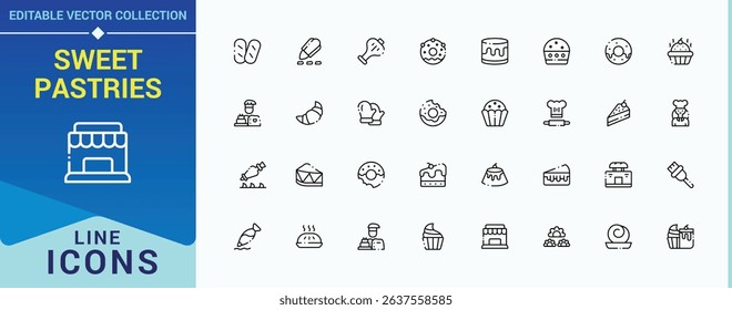 Sweet Pastries icon set. Includes thin line symbols food, pie, baker, sweet and more. Pastry icon set. Thin linear style icons. Editable stroke. Vector collection.