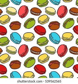 Sweet pastries. Macaroon. Candies. Seamless vector pattern (background). Color drawing.