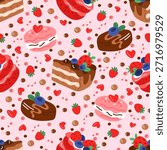 Sweet pastries seamless pattern. Holiday cake slices. Chocolate glaze and sugar fruit cream. Delicious confectionery. Repeated print. Tasty cupcakes. Birthday food. Celebration pies. Vector background