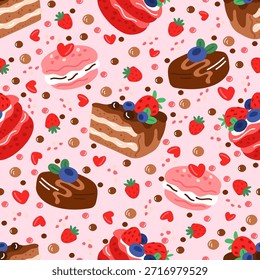 Sweet pastries seamless pattern. Holiday cake slices. Chocolate glaze and sugar fruit cream. Delicious confectionery. Repeated print. Tasty cupcakes. Birthday food. Celebration pies. Vector background