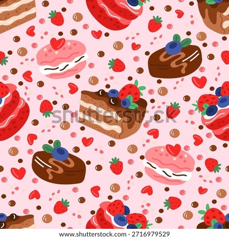 Sweet pastries seamless pattern. Holiday cake slices. Chocolate glaze and sugar fruit cream. Delicious confectionery. Repeated print. Tasty cupcakes. Birthday food. Celebration pies. Vector background