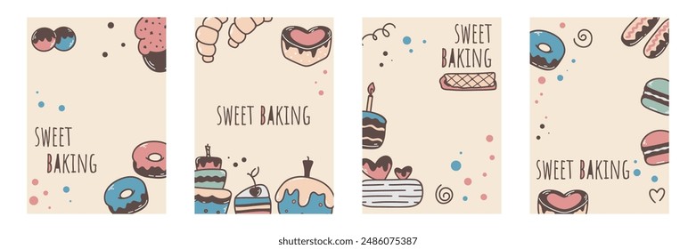 Dulces pasteles conjunto de 4 volantes. Fondos con tortas dibujadas a mano, donuts, tartas, magdalenas y otras panaderías. Plantillas de creación, promociones, folletos, publicidad, menús, folletos, gráficos de Vector