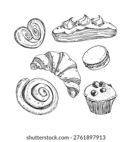 Sweet pastries: a set of hand-drawn vector illustrations. Croissant, muffin, macaroon, palmier, cinnamon roll. Objects for label design, menus, recipes, bakery, and coffee shop.