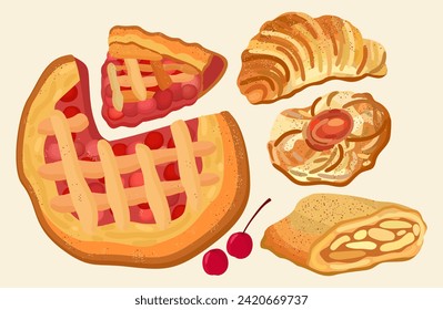 Sweet pastries. Vector set of sugary baked goods. Cherry pie, croissant, danish, strudel.