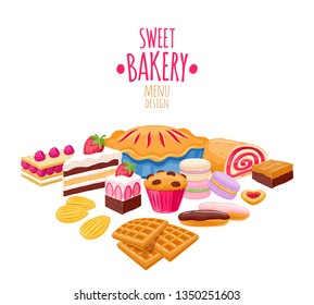 Sweet pastry background. Vector bakery products - french baguette, croissant, bagel, roll, cake, pie, cupcake, cookies, eclair macaron madeleines mille-feuille Good for menu design