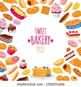 Sweet pastry background. Vector bakery products - french baguette, croissant, bagel, roll, cake, pie, cupcake, cookies, eclair macaron madeleines mille-feuille Good for menu design