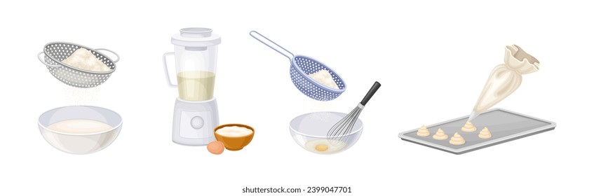 Sweet Pastry Baking Process with Utensils Vector Set