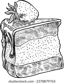Sweet pastry cake piece with strawberry vector graphics. Chocolate cake, line art. Sweet pastries for menus, printing and greeting cards. Vector icons of confectionery, desserts and sweet dishes.