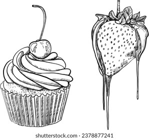 Pastel dulce con gráficos vectoriales de cerezo. Fresas con arte en línea de chocolate. Pasteles dulces para menús, impresiones y tarjetas de cumpleaños. Íconos vectores de postres de pastelería y platos dulces.