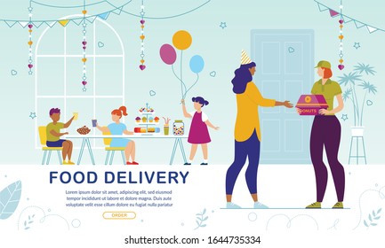 Sweet Pastry Delivery to Kids Party. Online Service Banner. Woman Mother Ordering Fresh Baked Donuts for Children on Birthday Celebration. Female Courier Delivering Confectionary. Vector Illustration