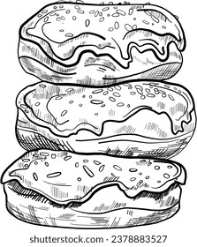 Sweet pastry donut vector graphics. Set of donuts line art. Sweet pastries for menus, printing and greeting cards. Vector icons of confectionery, desserts and sweet dishes.