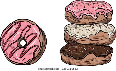Gráficos vectoriales de pastelería dulce. Juego de donuts. Bollería dulce para menús, impresión y tarjetas de felicitación. Íconos vectores de repostería, postres y platos dulces.