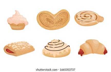 Sweet Pastry and Flour Products Like Creamy Doughnut and Stuffed with Jam Croissant Vector Set