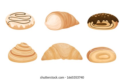 Sweet Pastry and Flour Products Like Cream-filled Bread Roll and Croissant Vector Set