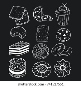 Sweet Pastry Food Cookie And Biscuit With Doodle Style On Black Background
