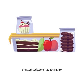 Sweet pastry and fruits in plastic boxes and bags, flat vector illustration isolated on white background. Cupcake, chocolate cookies, cake, apple and pear. Transparent container for food storage.