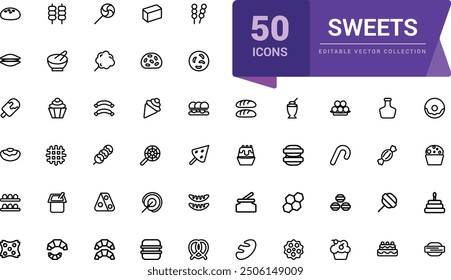 Sweet and pastry icons set. Pixel perfect, minimalistic web and UI icon. Outline icon collections. Editable vector illustration.