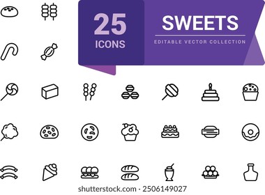 Sweet and pastry icons set. Pixel perfect, minimalistic web and UI icon. Outline icon collections. Editable vector illustration.