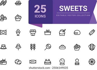 Sweet and pastry icons set. Pixel perfect, minimalistic web and UI icon. Outline icon collections. Editable vector illustration.