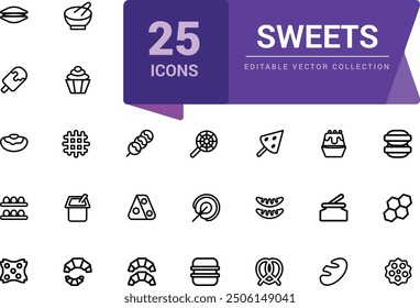 Sweet and pastry icons set. Pixel perfect, minimalistic web and UI icon. Outline icon collections. Editable vector illustration.