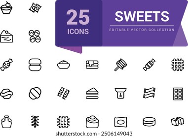 Sweet and pastry icons set. Pixel perfect, minimalistic web and UI icon. Outline icon collections. Editable vector illustration.