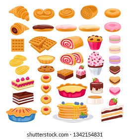 Sweet pastry icons set. Vector bakery products - french baguette, croissant, bagel, roll, cake, pie, cupcake, cookies eclair macaron madeleines mille-feuille