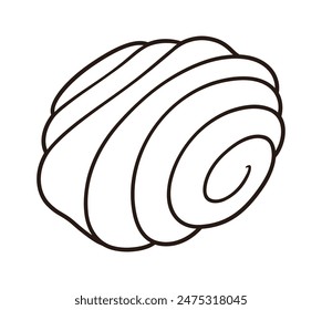 Sweet pastry roll, cartoon drawing, black and white line art. Spiral shaped puff pastry bun. Vector clip art illustration.