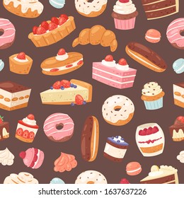 Sweet pastry seamless vector pattern. Illustration of cakes, bakery and pastry. Pastry dessert background with sweet cake, vanilla cream cupcake, caramel muffin, chocolates and donut, brown backdrop.