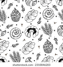 Sweet pastry seamless vector pattern. Gugelhupf sponge cake, cupcake, croissant, loaf, bun. Organic grain baked goods and spikelets. Food sketch. Black and white background for packaging, menu, web
