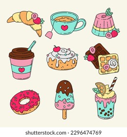 Sweet pastry set. Coffee and tea. Panna cotta, ice cream, croissant, waffle, donut, cocktail. Vector illustration