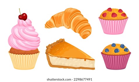 Sweet pastry set. Croissant, cheesecake, cherry cupcake with whipped cream, muffin with blueberry and raspberry isolated on white background. Vector cartoon illustration.