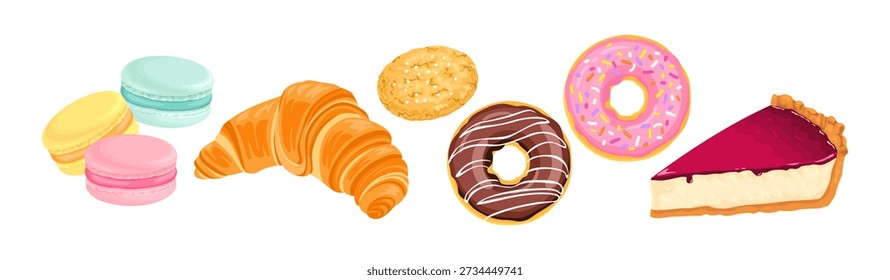 Sweet pastry set. Vector cartoon flat illustration of croissant, cookie, macaroon, donut, and cheesecake, isolated on white background.