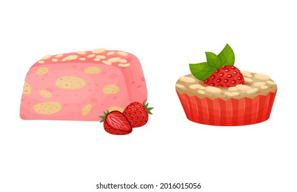 Sweet Pastry with Strawberry as Sugary Dessert and Patisserie Vector Set