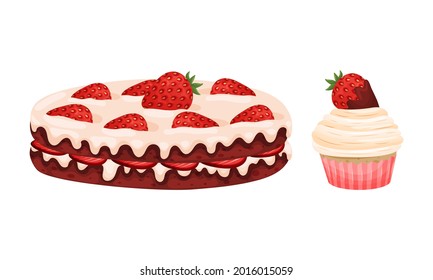 Sweet Pastry with Strawberry as Sugary Dessert and Patisserie Vector Set