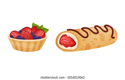 Sweet Pastry with Strawberry as Sugary Dessert and Patisserie Vector Set