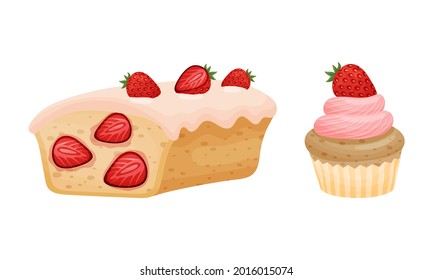 Sweet Pastry with Strawberry as Sugary Dessert and Patisserie Vector Set