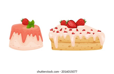 Sweet Pastry with Strawberry as Sugary Dessert and Patisserie Vector Set