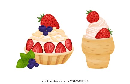 Sweet Pastry with Strawberry as Sugary Dessert and Patisserie Vector Set