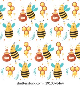 Sweet pattern bee eats honey. Childrens digital vector paper with yellow sugar insects
