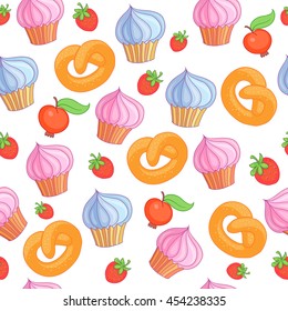 Sweet pattern cakes on white vector background. Seamless.