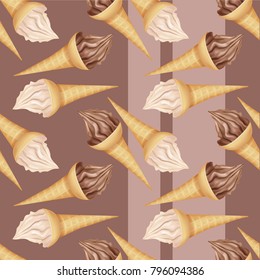 Sweet pattern with cone ice-cream. Realistic chocolate and vanilla dessert. Lovely food style.