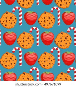 Sweet pattern. Cookies and mint stick ornament. Strawberry background. Peppermint Christmas candy. Dessert texture