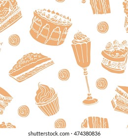 Sweet pattern cupcakes and cakes on a white background. Seamless. You can change the background