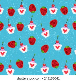 Sweet pattern with cupcakes and strawberry. Vector illustration.