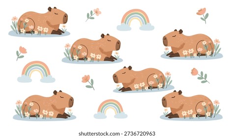 Sweet pattern features capybaras resting in grass patches decorated with small flowers and colorful rainbows on white.