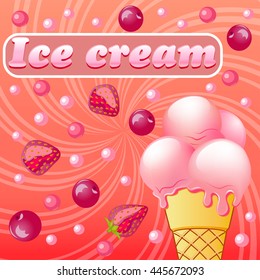 Sweet pattern with fruit ice-cream with strawberries and cherries and ice cream sign